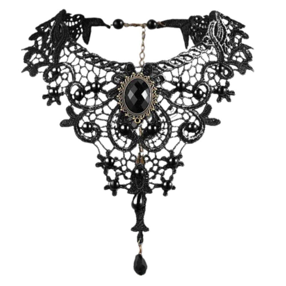 New Victorian Gothic Black Lace Choker Necklace with Gemstone Centerpiece - Picture 10 of 11